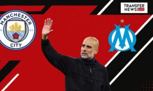 Pep Guardiola, Man City and Marseille logos