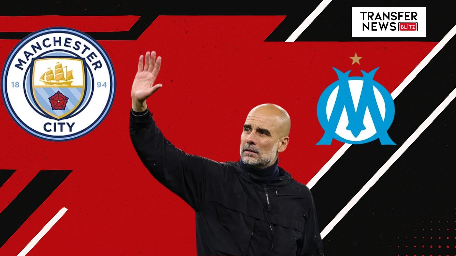 Pep Guardiola, Man City and Marseille logos