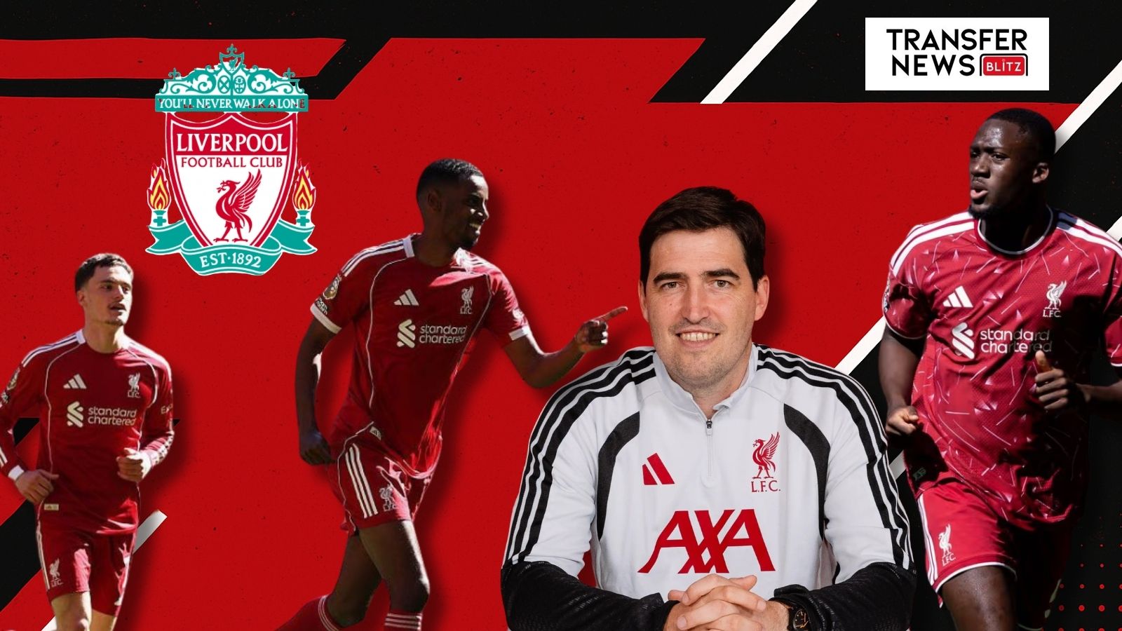 Liverpool's Andoni Iraola, Alexander Isak and Florian Wirtz & Ibrahima Konate