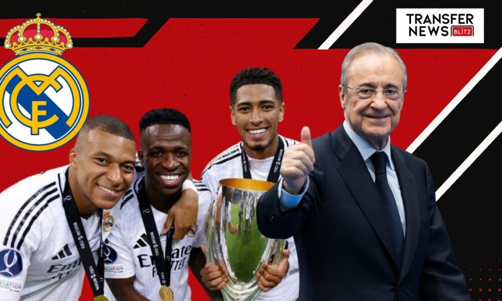 Real Madrid's Florentino Perez Kylian Mbappe, Jude Bellingham and Vinicius Jr.