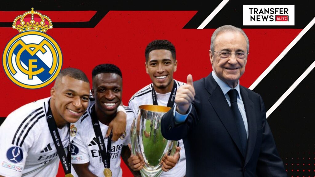 Real Madrid's Florentino Perez Kylian Mbappe, Jude Bellingham and Vinicius Jr.